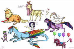 Size: 3000x2000 | Tagged: safe, artist:shimazun, derpibooru import, apple bloom, applejack, bulk biceps, fluttershy, pinkie pie, rainbow dash, rarity, spike, twilight sparkle, changeling, diamond dog, dragon, hengstwolf, pegasus, pony, squirrel, succubus, unicorn, werewolf, balloon, changelingified, collar, colored hooves, colored wings, curved horn, dog collar, dragoness, dragonified, feathered dragon, feathered ears, female, hengstbear, horns, mane seven, mane six, monster au, multicolored wings, mutant, rainbow dragon, rainbow wings, realistic horse legs, scar, simple background, slice of life, species swap, werebear, white background
