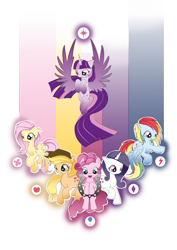 Size: 1024x1448 | Tagged: safe, artist:chii---chan, derpibooru import, applejack, fluttershy, pinkie pie, rainbow dash, rarity, twilight sparkle, twilight sparkle (alicorn), alicorn, earth pony, pegasus, pony, unicorn, elements of harmony, female, mane six, mare