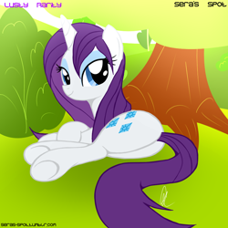 Size: 900x900 | Tagged: safe, artist:isle-of-forgotten-dreams, rarity, pony, unicorn, butt, female, grass, looking at you, plot, solo, tree