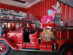 Size: 4896x3672 | Tagged: safe, artist:emedina13, pinkie pie, human, fire engine, firehouse, irl, photo, pictures, ponies in real life, stairs, truck