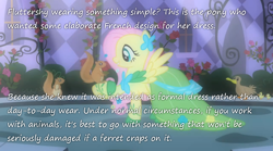 Size: 1066x591 | Tagged: safe, edit, edited screencap, screencap, fluttershy, duck, pegasus, pony, squirrel, the best night ever, clothes, dress, gala dress, grand galloping gala, insane pony thread, solo, tumblr