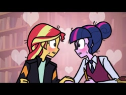 Size: 480x360 | Tagged: safe, artist:crydius, sci-twi, sunset shimmer, twilight sparkle, equestria girls, blushing, blushing profusely, clothes, fandub, female, heart, holding hands, lesbian, library, looking at each other, scitwishimmer, shipping, sunsetsparkle, sweat, sweatdrop