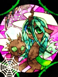 Size: 768x1024 | Tagged: safe, artist:tomizawa96, queen chrysalis, changeling, changeling queen, female, spider web, stained glass, vine