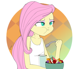 Size: 2600x2300 | Tagged: safe, artist:thenornonthego, fluttershy, equestria girls, aweeg*, clothes, eating, female, food, fruit salad, solo, tanktop