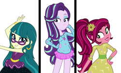 Size: 1304x786 | Tagged: safe, artist:gihhbloonde, gloriosa daisy, juniper montage, starlight glimmer, dance magic, equestria girls, spoiler:eqg specials, alternate hairstyle, alternate universe, base used, dancing, ear piercing, earring, female, flower, flower in hair, glasses, jewelry, peace sign, piercing, simple background, transparent background