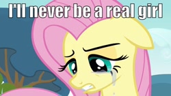 Size: 1280x720 | Tagged: safe, edit, edited screencap, screencap, fluttershy, pegasus, pony, hurricane fluttershy, crying, female, image macro, mare, solo, trans girl, transgender