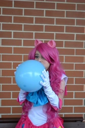 Size: 3072x4608 | Tagged: safe, artist:breakingreflections, pinkie pie, human, balloon, blowing up balloons, clothes, cosplay, crossover, evening gloves, irl, irl human, photo, sailor moon, sailor scout, solo, supanova