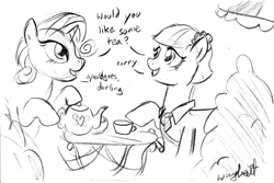 Size: 893x595 | Tagged: safe, artist:wingbeatpony, coco pommel, rarity, pony, unicorn, dialogue, female, grayscale, lesbian, marshmallow coco, monochrome, shipping, tea, tea party