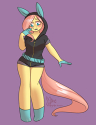 Size: 812x1060 | Tagged: safe, artist:bunnyc4ke, fluttershy, anthro, unguligrade anthro, blushing, bunny ears, clothes, dangerous mission outfit, female, hoodie, solo