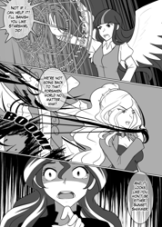 Size: 1280x1802 | Tagged: safe, artist:jonfawkes, adagio dazzle, sunset shimmer, twilight sparkle, twilight sparkle (alicorn), alicorn, human, series:nightmare war, black and white, comic, dialogue, grayscale, humanized, magic, magic circle, monochrome, speech bubble