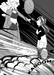 Size: 1280x1802 | Tagged: safe, artist:jonfawkes, adagio dazzle, sunset shimmer, human, series:nightmare war, black and white, comic, dialogue, explosion, grayscale, humanized, monochrome, speech bubble