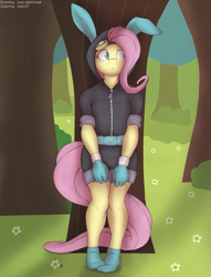 Size: 985x1292 | Tagged: safe, artist:jobo37, artist:joey darkmeat, fluttershy, anthro, bunny ears, clothes, dangerous mission outfit, female, goggles, hoodie, socks, solo