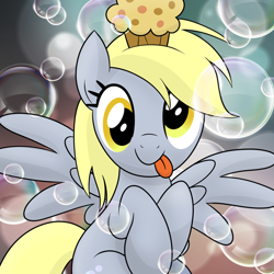 Size: 894x894 | Tagged: safe, artist:drawponies, derpy hooves, pegasus, pony, best pony, bubble, cute, derpabetes, muffin, solo, tongue out