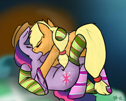 Size: 900x720 | Tagged: safe, artist:nissatron5000, applejack, twilight sparkle, earth pony, pony, clothes, female, kissing, lesbian, on back, shipping, socks, striped socks, twijack