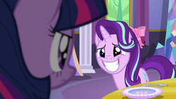 Size: 1280x720 | Tagged: safe, screencap, starlight glimmer, twilight sparkle, twilight sparkle (alicorn), alicorn, pony, unicorn, no second prances, cute, duo, duo female, female, glimmerbetes, grin, looking at each other, mare, smiling