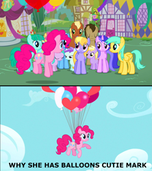 Size: 1919x2160 | Tagged: safe, edit, edited screencap, screencap, aura (character), cloud kicker, dinky hooves, dizzy twister, doctor whooves, liza doolots, meadow song, minuette, orange swirl, petunia, pinkie pie, sassaflash, sea swirl, seafoam, spring melody, sprinkle medley, sunshower raindrops, tootsie flute, earth pony, pony, balloon, floating, image macro, meme, then watch her balloons lift her up to the sky