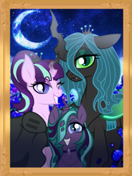 Size: 673x896 | Tagged: safe, artist:unoriginai, queen chrysalis, starlight glimmer, oc, oc:nymphalidae, changeling, changeling queen, hybrid, pony, unicorn, the cutie map, alternate universe, crown, cute, cutealis, equal sign, female, framed picture, glimmerlis, goddamnit unoriginai, jewelry, lesbian, looking at you, magical lesbian spawn, offspring, parent:queen chrysalis, parent:starlight glimmer, parents:glimmerlis, regalia, shipping, tiara