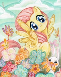 Size: 1183x1505 | Tagged: safe, artist:sararichard, idw, angel bunny, fluttershy, pegasus, pony, cute, flower, shyabetes, traditional art