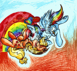 Size: 1620x1504 | Tagged: safe, artist:iroxykun, derpibooru import, applejack, rainbow dash, earth pony, pegasus, pony, appledash, cutie mark, female, heart, lesbian, rainbow, shipping, traditional art