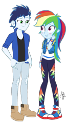 Size: 1090x2048 | Tagged: safe, artist:ilaria122, derpibooru import, rainbow dash, soarin', equestria girls, clothes, converse, duo, equestria girls-ified, female, geode of super speed, magical geodes, male, pants, shipping, shoes, signature, simple background, soarindash, straight, transparent background