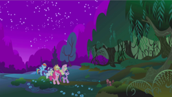 Size: 1279x721 | Tagged: safe, derpibooru import, screencap, applejack, fluttershy, pinkie pie, rainbow dash, rarity, twilight sparkle, unicorn twilight, earth pony, pegasus, pony, unicorn, friendship is magic, everfree forest, forest, mane six, night, scared, stars