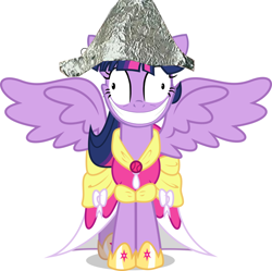 Size: 896x892 | Tagged: safe, derpibooru import, twilight sparkle, twilight sparkle (alicorn), alicorn, pony, female, grin, hat, mare, paranoid, simple background, smiling, solo, spread wings, tinfoil hat, twilight snapple, white background, wide eyes