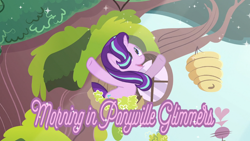 Size: 1366x768 | Tagged: safe, edit, edited screencap, screencap, starlight glimmer, pony, unicorn, magical mystery cure, beehive, caption, female, golden oaks library, happy, library, looking up, mare, morning in ponyville, reaching, reaching out, singing, smiling, solo, sparkles, sparkling, tree, weather vane, window