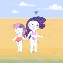 Size: 3000x3000 | Tagged: dead source, safe, artist:tkc, rarity, sweetie belle, pony, unicorn, beach, belly button, chibi, cold, female, one-piece swimsuit, swimsuit, wet