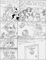 Size: 977x1275 | Tagged: safe, artist:joelashimself, derpibooru import, applejack, fluttershy, pinkie pie, princess celestia, princess luna, rainbow dash, rarity, twilight sparkle, alicorn, earth pony, pegasus, pony, unicorn, comic, monochrome, the forgotten element