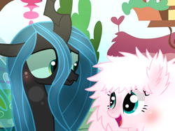 Size: 640x480 | Tagged: safe, artist:arcticwinds143, artist:dipi11, artist:themune, queen chrysalis, oc, oc:fluffle puff, changeling, changeling queen, earth pony, pony, base used, blushing, canon x oc, chrysipuff, cute, cutealis, female, flufflebetes, lesbian, mare, open mouth, shipping