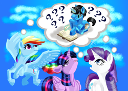 Size: 1240x876 | Tagged: source needed, safe, artist:humblemarty, derpibooru import, rainbow dash, rarity, twilight sparkle, twilight sparkle (alicorn), oc, alicorn, pegasus, pony, unicorn, book, canon x oc, fanfic, fanfic art, flying, glasses, glowing horn, looking up, prone, question mark, quill, thinking, thought bubble