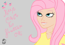 Size: 1167x806 | Tagged: safe, artist:tastes-like-fry, fluttershy, clothes, female, humanized, pink hair, solo