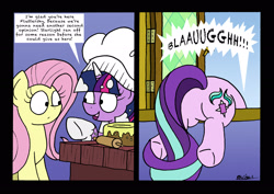 Size: 2460x1742 | Tagged: safe, artist:bobthedalek, fluttershy, starlight glimmer, twilight sparkle, pegasus, pony, a health of information, baking, chef's hat, comic, hat, plot, vomiting