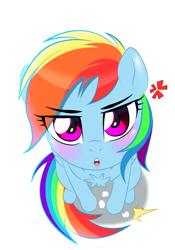 Size: 450x643 | Tagged: safe, artist:tsudashie, derpibooru import, rainbow dash, pegasus, pony, bedroom eyes, behaving like a bird, blushing, chest fluff, cross-popping veins, cute, dashabetes, eye clipping through hair, female, lemme smash, looking at you, looking up, mare, open mouth, simple background, solo, stomping, white background