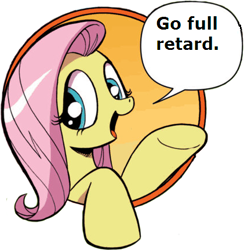 Size: 421x431 | Tagged: safe, idw, fluttershy, pegasus, pony, bad advice fluttershy, blue eyes, dialogue, exploitable meme, female, mare, meme, open mouth, pink mane, raised hoof, raised leg, simple background, smiling, solo, speech bubble, talking to viewer, tropic thunder, underhoof, yellow coat