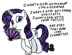 Size: 594x460 | Tagged: safe, artist:closer-to-the-sun, rarity, pony, unicorn, cake, fan, lyrics, solo