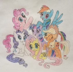 Size: 1024x1012 | Tagged: safe, artist:amaryllisg, derpibooru import, applejack, fluttershy, pinkie pie, rainbow dash, rarity, twilight sparkle, earth pony, pegasus, pony, unicorn, female, mane six, mane six opening poses, traditional art