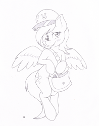 Size: 925x1180 | Tagged: safe, artist:joey darkmeat, derpy hooves, pony, semi-anthro, bipedal, blushing, hat, heart, letter, mailbag, mailpony, monochrome, solo, the legend of zelda, traditional art