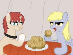 Size: 500x375 | Tagged: safe, artist:aha-mccoy, derpy hooves, oc, oc:corel, pony, unicorn, animated, eating, eating contest, female, mare, muffin, personality swap, that pony sure does love muffins, this will end in weight gain