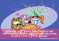 Size: 500x345 | Tagged: safe, artist:brutamod, applejack, steven magnet, sweetie belle, earth pony, pony, exploitable meme, headcanon, mylittleheadcanon, otp, parody, pie, satire, sweetiejack