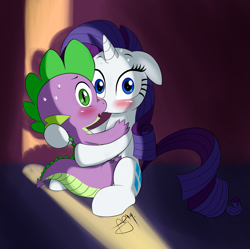 Size: 1739x1735 | Tagged: safe, artist:pia-sama, rarity, spike, dragon, pony, unicorn, blushing, caught, female, floppy ears, holding, hug, kissing, looking at you, male, open mouth, shipping, sparity, straight, sweat