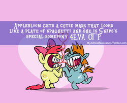 Size: 648x525 | Tagged: safe, artist:brutamod, applejack, snips, earth pony, pony, exploitable meme, fandom, headcanon, mylittleheadcanon, otp, parody, satire, snipsbloom, spaghetti