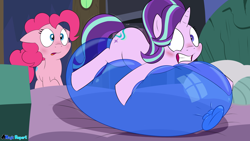 Size: 2560x1440 | Tagged: safe, artist:rupertbluefox, pinkie pie, starlight glimmer, earth pony, pony, unicorn, series:30 dayz of pinks, balloon, balloon fetish, balloon riding, balloon sitting, bed, blushing, caught, duo, embarrassed, female, fetish, floppy ears, gritted teeth, looking back, mare, pillow, story in the comments, story included