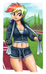 Size: 998x1600 | Tagged: safe, artist:king-kakapo, derpibooru import, rainbow dash, human, abs, belly button, blue hair, breasts, cleavage, clothes, cloud, cutie mark, day, female, fingerless gloves, gloves, grass, green hair, humanized, jacket, light skin, looking at you, midriff, multicolored hair, orange hair, outdoors, purple hair, red hair, running track, short hair, shorts, signature, sky, smiling, solo, thighs, towel, tree, yellow hair, zipper