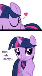 Size: 1031x1860 | Tagged: safe, derpibooru import, twilight sparkle, blushing, bronybait, cute, dialogue, embarrassed, heart, kissing, offscreen character, pov, smooch, solo, text, twiabetes