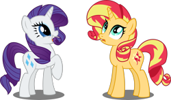 Size: 5057x2975 | Tagged: safe, artist:orin331, edit, rarity, sunset shimmer, pony, unicorn, the cutie pox, absurd resolution, alternate hairstyle, cute, looking at you, open mouth, raised hoof, raribetes, rarity's hair, scene interpretation, simple background, transparent background, vector, vector edit