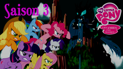 Size: 1920x1080 | Tagged: safe, artist:rose80149, applejack, fluttershy, pinkie pie, queen chrysalis, rainbow dash, rarity, twilight sparkle, alicorn, changeling, changeling queen, earth pony, pegasus, pony, unicorn, angel island, french