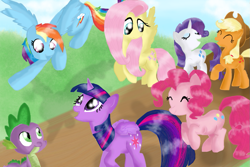 Size: 1095x730 | Tagged: safe, artist:chanceyb, derpibooru import, applejack, fluttershy, pinkie pie, rainbow dash, rarity, spike, twilight sparkle, twilight sparkle (alicorn), alicorn, dragon, earth pony, pegasus, pony, unicorn, female, group photo, mane six, mare