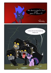 Size: 1422x2030 | Tagged: safe, artist:mr-samson, derpibooru import, cerberus (character), twilight sparkle, oc, cerberus, demon, it's about time, comic, multiple heads, three heads