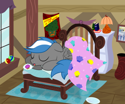 Size: 12000x10000 | Tagged: safe, artist:csillaghullo, derpy hooves, oc, oc:cloud zapper, pegasus, pony, absurd resolution, bed, bedroom, book, carpet, lamp, muffin, painting, poster, sleeping, solo, vase, vector